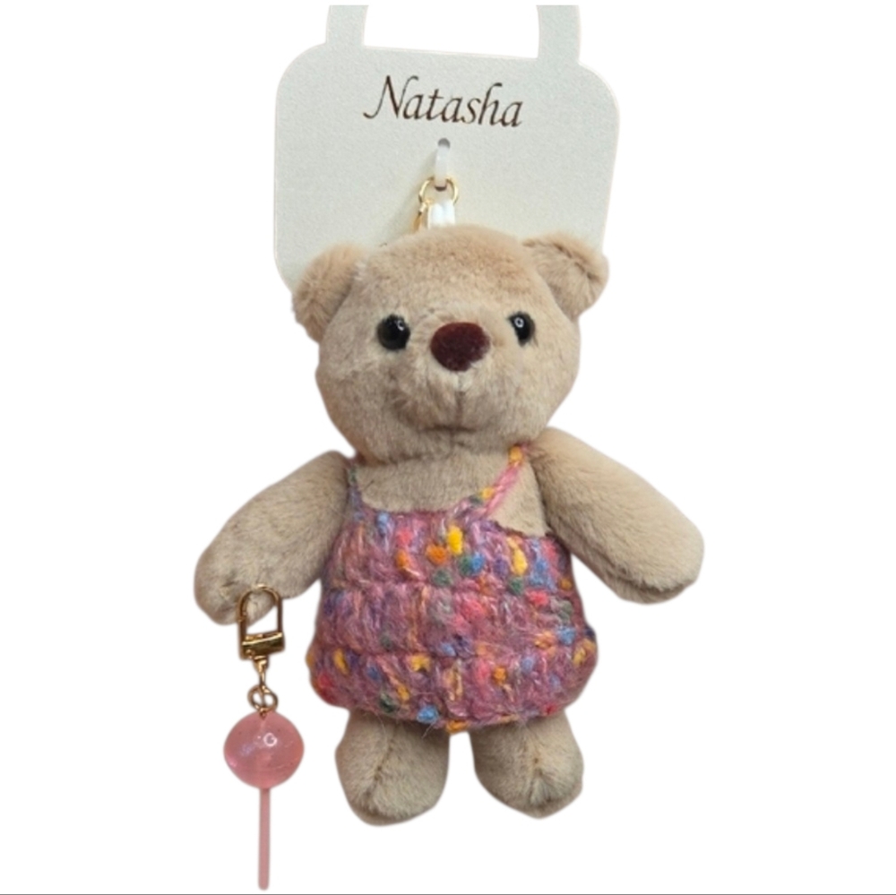 💕🔹️Natasha Couture🔹️ Beige Plush Teddy Keychain with Pink Knit Dress
